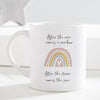A white mug with a positive quote and a scandi rainbow. the mug is on a white background